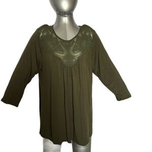 Green Envelope Long Sleeve Blouse Sheer Peek-a-boo Neckline Olive Green Plus 1X